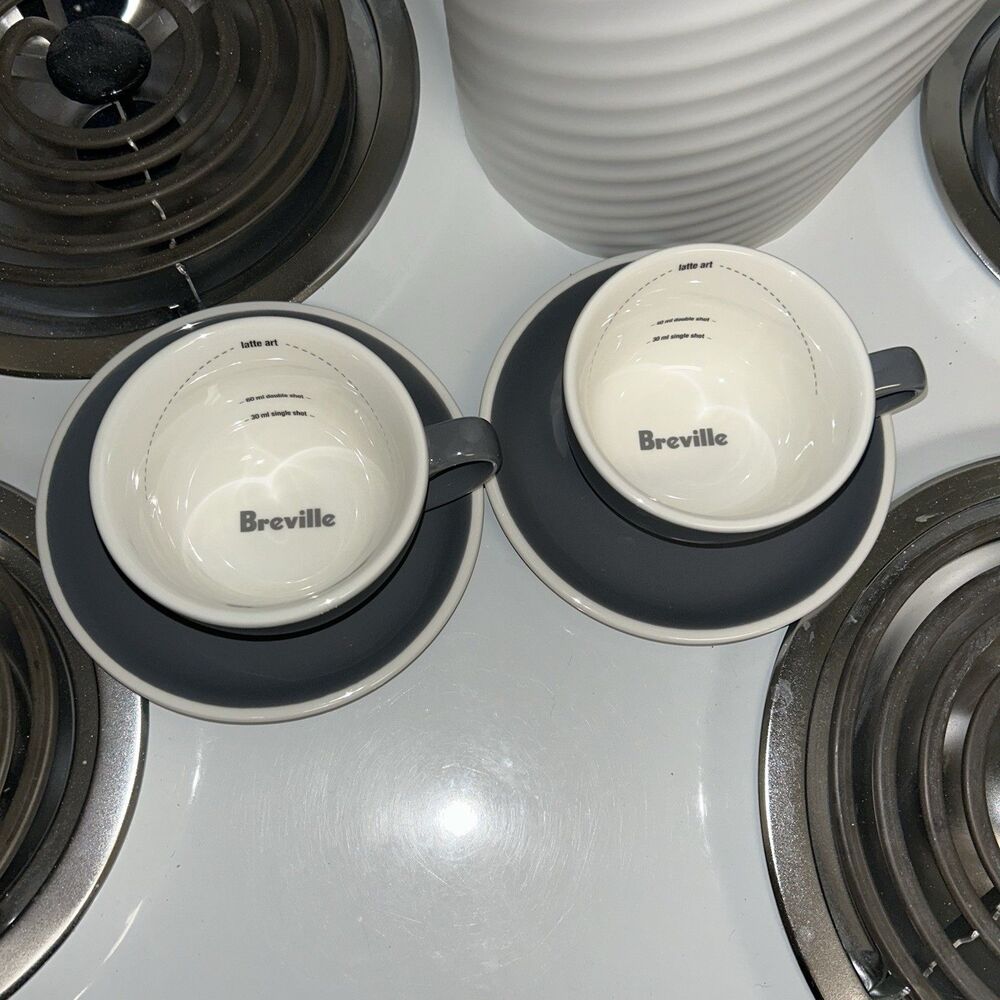 Breville Coffee Latte Art Barista Training Gray Mug & Saucer Set / Lot of 2